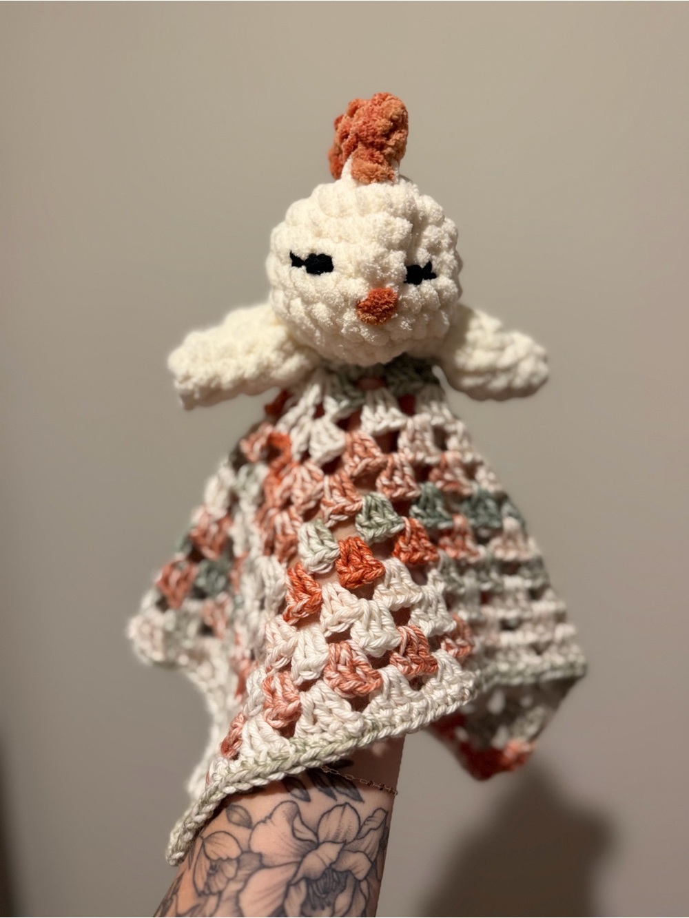 Handmade Crochet Chicken Lovey - Cream, Peach & Sage